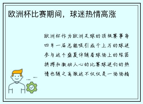 欧洲杯比赛期间，球迷热情高涨